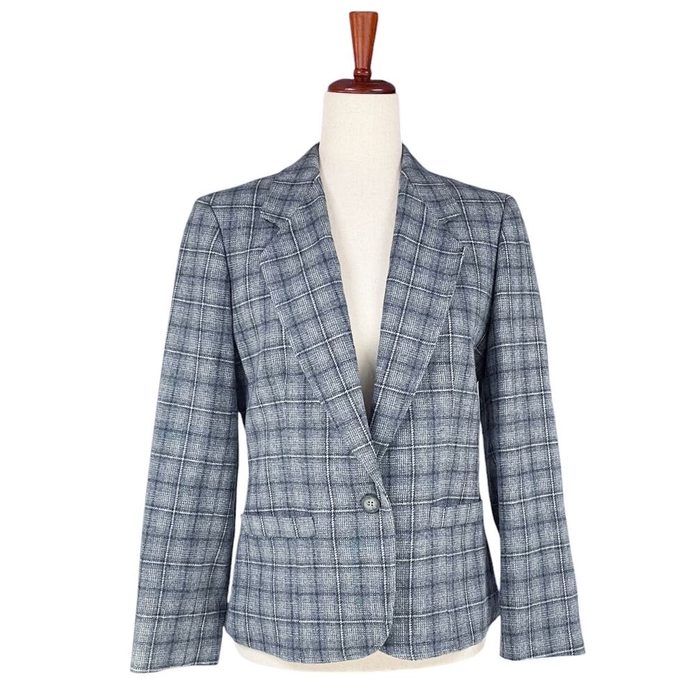 PENDLETON Vtg Woolmark 100% Wool Slate Gray-Blue Plaid One-Button Blazer Size 10